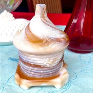 Vintage Slag glass bee hive box , honey jam jar with lid stamped
